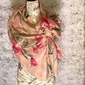Made in Italy 100% Modal Elegant Floral Beige Green and Pink Scarf/Wrap